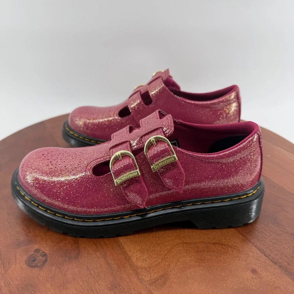 Dr. Martens 8065 J Mary Jane Pink Glitter Double Buckle School Shoes Size Kids 3
